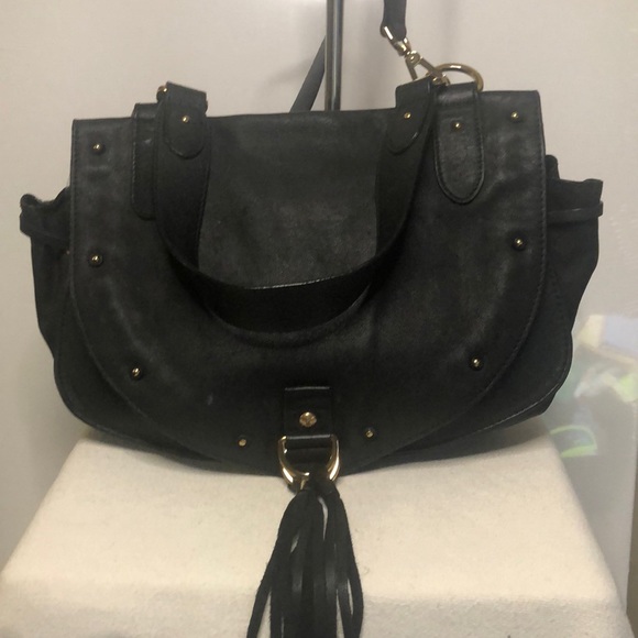 SEE BY CHLOE “COLLINS” Black Leather Saddlebag. Gold studs & leather tassels. - Picture 1 of 15